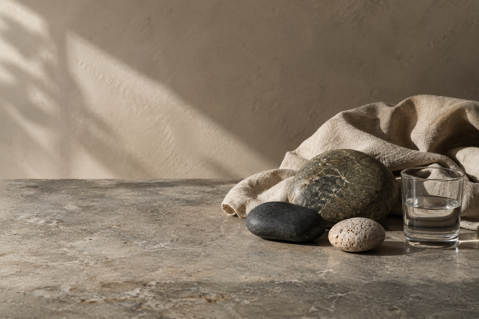 Natural stones and undyed linen on a stone tabletop in directional window light.