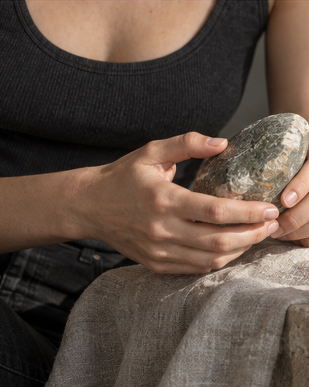 Editorial brand study: hands holding a dark, textured stone in a quiet setting.